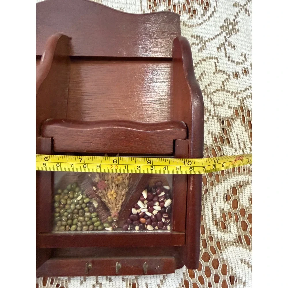 Vintage Wooden Wall Mail Organizer Key Rack Shadow Box Dried Wheat Beans
